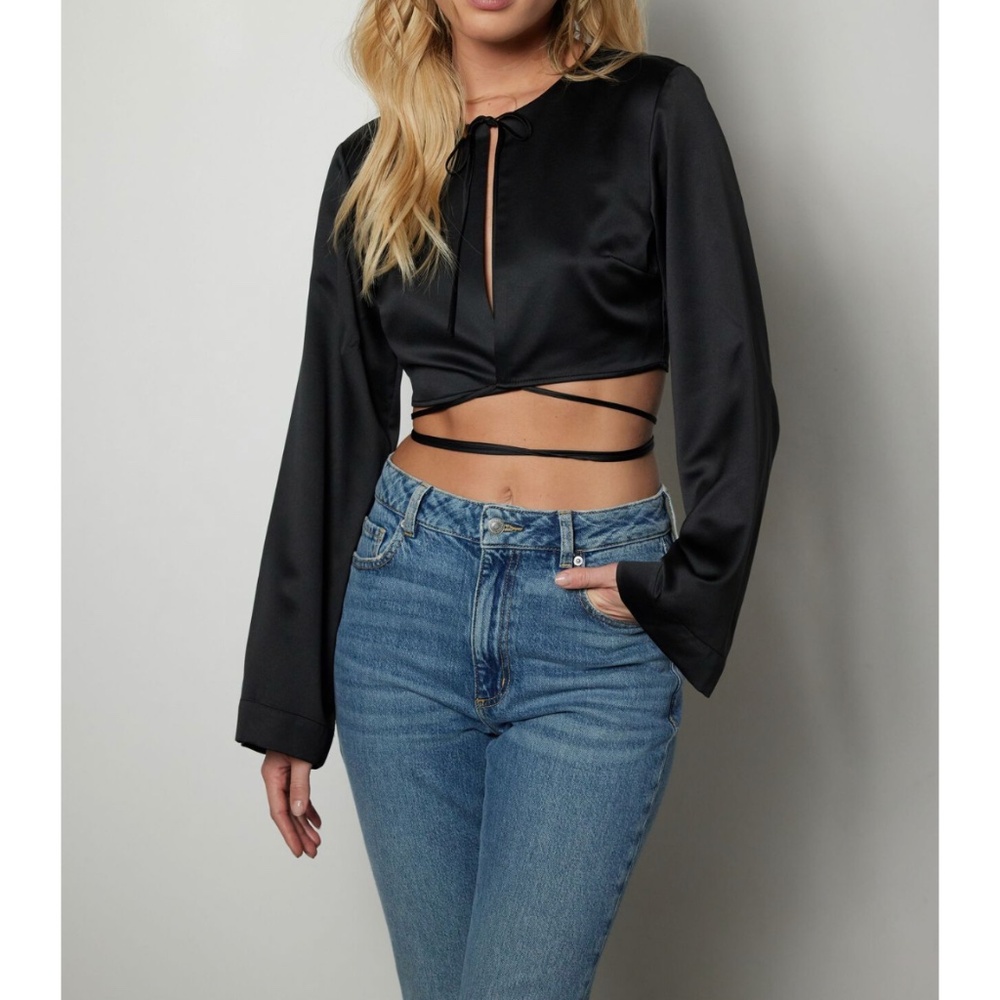 Dynamite Open Front Satin Crop Blouse - S